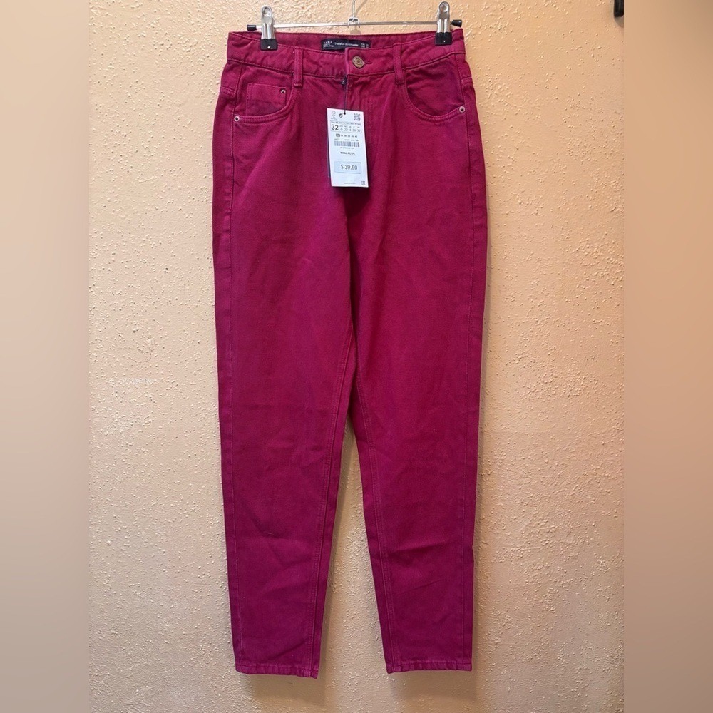 Zara Trafaluc Mom Fit Jeans Magenta Pink High Waisted Tapered Denim Size 00 NEW